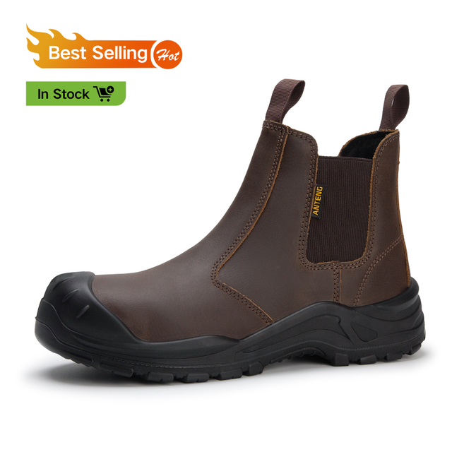 ANTENG Brown Slip-on Cow leather Upper Steel Toe Cap Safety Boots water-resistant 